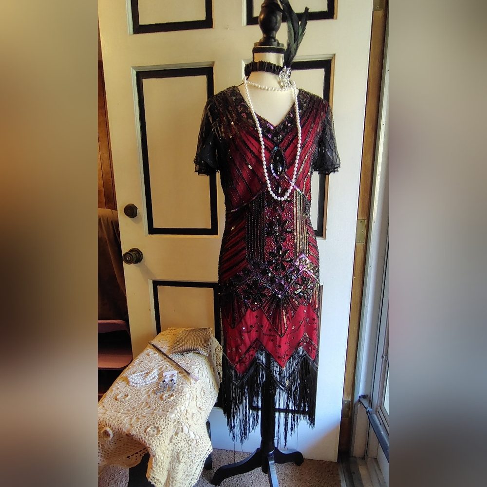 Vintage Red and Black Beaded Flapper Dress
